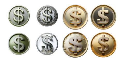 Variety of Metallic Dollar Symbols, PNG collection, set bundle, isolate on transparent or white background