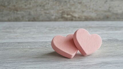 Fototapeta premium Two delicate pink wooden hearts resting on a light wooden surface, symbolizing love and affection, create a perfect setting for valentine's day, mother's day, or spring celebrations