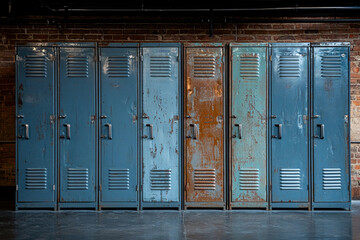 In industrial changing room sturdy metal lockers feature wide shelves and matte gray finish. Scuffs and concrete floor enhance utilitarian appearance in practical space.