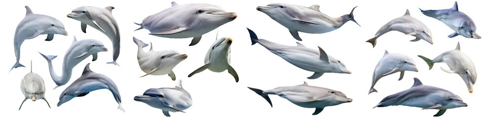 Obraz premium Set of dolphins swimming in different angles isolated on transparent background
