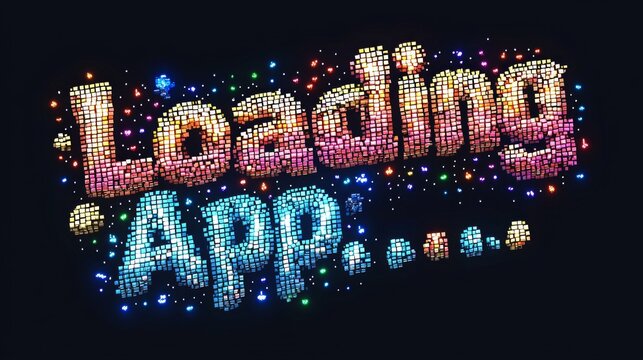 Bright retro pixel art style displays colorful loading screen for app installation. Blocky text boldly announces Loading App playful 8 bit atmosphere.