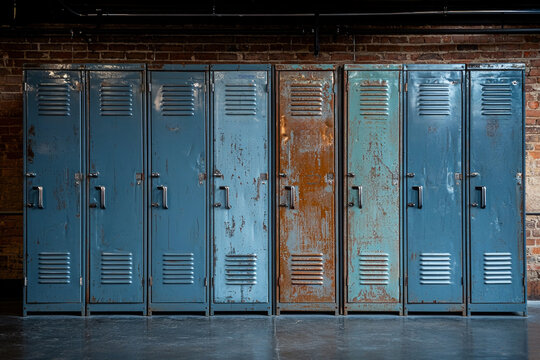 In industrial changing room sturdy metal lockers feature wide shelves and matte gray finish. Scuffs and concrete floor enhance utilitarian appearance in practical space.