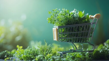 Shopping cart filled with fresh herbs outdoors