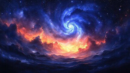 Obraz premium Cosmic Spiral Galaxy over Fiery Cloudscape: A Celestial Fantasy