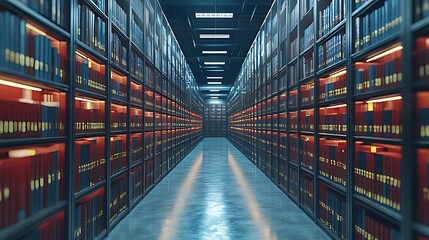 Fototapeta premium Modern archive, bookshelves, storage, data, night, research, knowledge, digital, futuristic, library