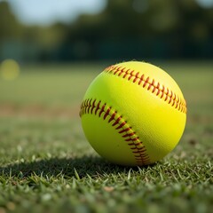 Yellow softball with grass field background