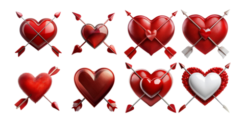 Red Hearts with Arrows Vector Collection,PNG set collection, isolated on transparent background