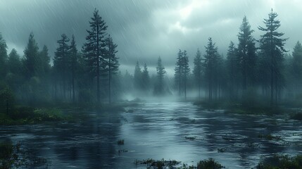 Rainy forest swamp, moody landscape, digital art, game background