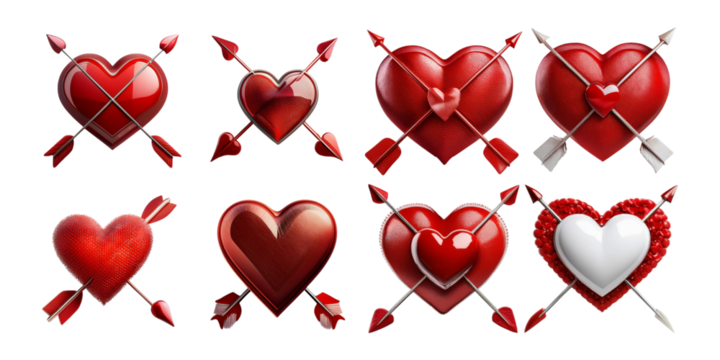 Red Hearts with Arrows Vector Collection,PNG set collection, isolated on transparent background - Powered by Adobe