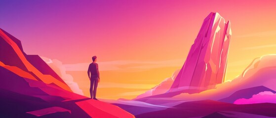 Fototapeta premium Contemplative Man Gazing at Sunset over Dramatic Pink Mountains