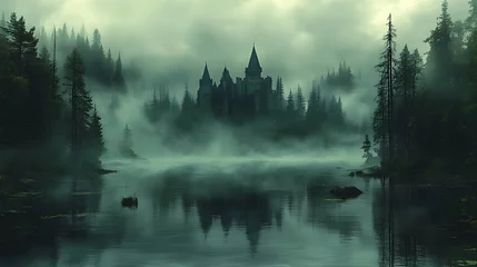 Wandcirkels Mistig bos Misty Lake Castle, Forest Reflection, Fantasy, Game Design  © banyu bening