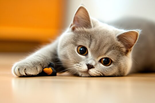 British shorthair cat playing with a toy mouse on the floor - Powered by Adobe