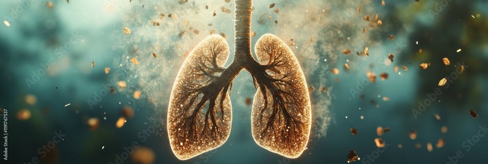 Poster realistic lungs surrounded by smog and dust particles showcasing environmental impact on respiratory