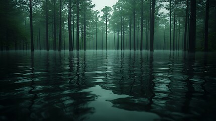 Obraz premium Flooded forest, misty pines, swamp reflection, eerie ambiance, nature backdrop