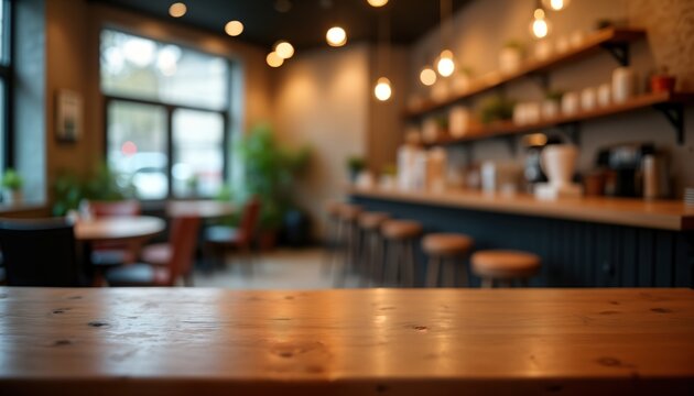 Cozy cafe interior with wooden tables, chairs. Blured background shows warm lighting. Empty space on wooden counter. Great for montage, advertising. Suitable for products, drinks. Ideal for cafe