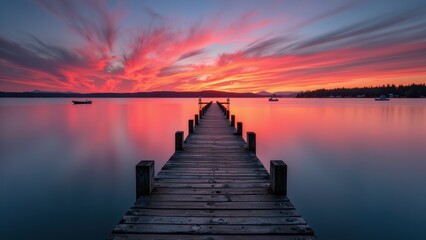 Fototapeta premium A serene wooden pier stretches elegantly across a tranquil lake, its vertical planks interlaced with horizontal supports, reflecting serenity on the still waters below