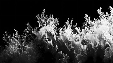 Obraz premium Real frost on a window with frostwork pattern ice crystals on a black background, frost, window, ice crystals, dark, abstract. Frostwood. Illustration