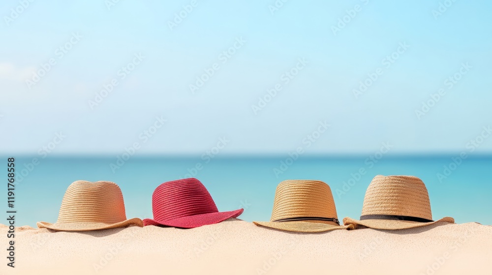 Poster four colorful summer hats are resting on a pristine sandy beach with a beautiful turquoise ocean and