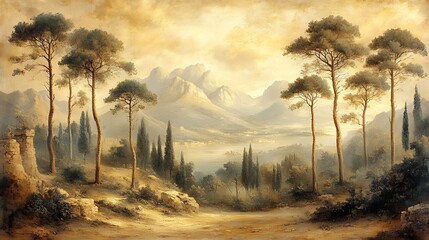 Naklejka premium Mediterranean sunset landscape, scenic vista, mountains, path, ruins, art print