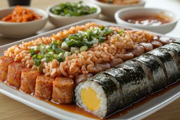 vibrant South Korean military ration spread includes rice cakes kimchi and instant ramyeon noodles. colorful food items are showcased beautifully on clean white background.