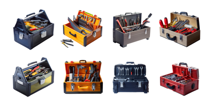 Variety of Toolboxes with Hand Tools Displayed, PNG collection, set bundle, isolate on transparent or white background