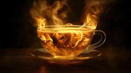 A cup of tea is on a table with steam coming out of it