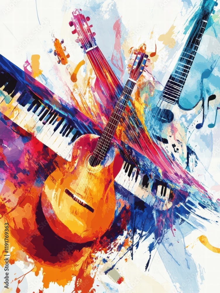Leinwandbilder Musical instruments create vibrant energy with colorful notes and patterns in a dynamic artistic display. Generative AI