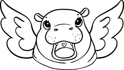 Valentine Cupid Moo Deng Pygmy Hippo with angle wings outline doodle