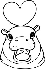 Cute Valentine Pygmy Hippo with heart outline doodle