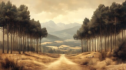 Obraz premium Serene mountain path, pine trees, valley view, autumn, travel poster