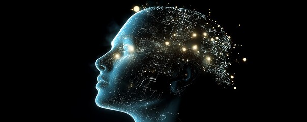Electronic human head with glowing integrated circuits, artificial intelligence technology, biotech innovation, machine learning progress, robot brain, digital future