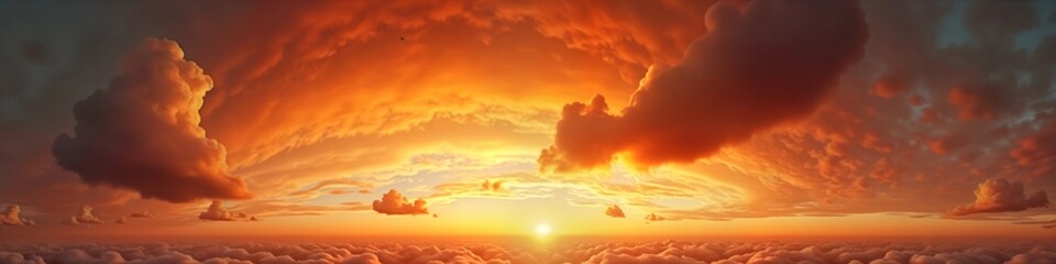 Fototapeta premium Stunning sunset panorama shows vibrant fiery orange, red sky with dramatic clouds. Sky dome perfect for 3D visualization sky replacement in aerial panoramas. Bright sunlight illuminates fluffy