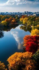 Fototapeta premium A Serene Autumn Eye View of Tranquil Lake Surrounded by Vibrant Trees in Shades of Gold, Amber, and Red, Offering a Stunning Reflection Amidst a Scenic Cityscape