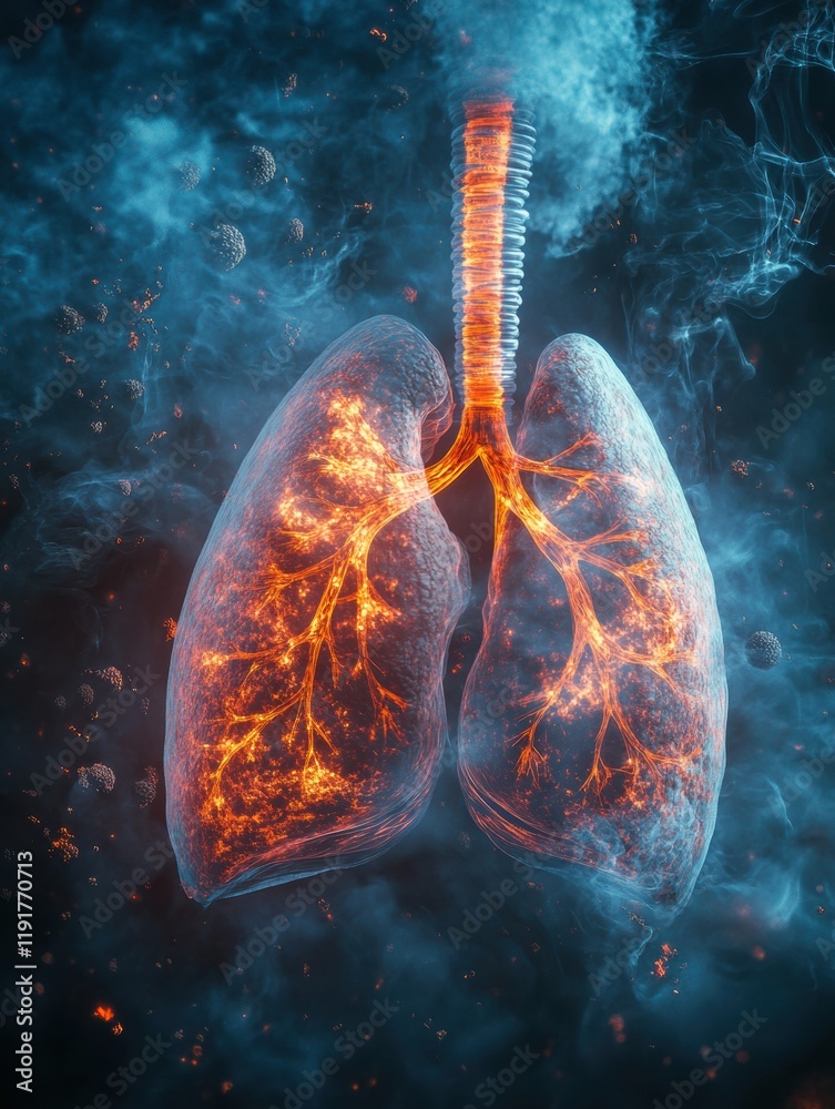 Poster lungs affected by smog and dust particles highlighting air pollution issues in urban environments. g