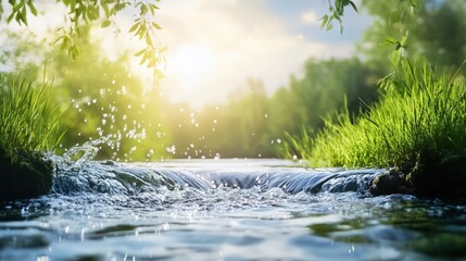 Naklejka premium A stream of water is flowing through a lush green forest