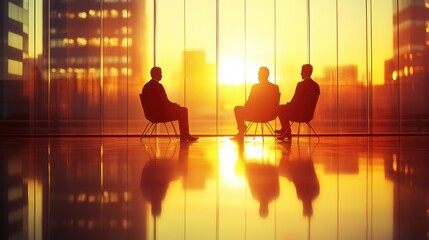 Businessmen Silhouetted Against Sunset in Modern Office Building