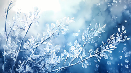 Watercolor painting of delicate ice crystals on blue background. Frostwood. Illustration