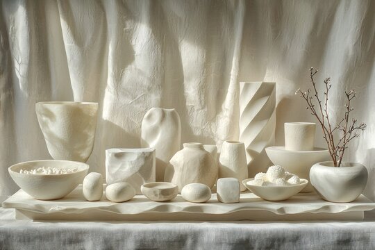 Intricate geometric forms arranged thoughtfully on surface create minimalist display. Soft light highlights nuances of shadow and shape in serene manner.