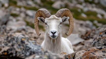 Close-up portrait of a goat with striking horns against a rocky landscape in nature
