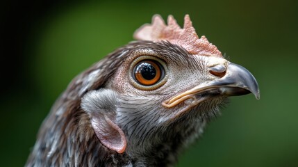 Close-up portrait of a hen showcasing sharp features and vibrant details against a blurred green background, capturing the essence of barnyard life