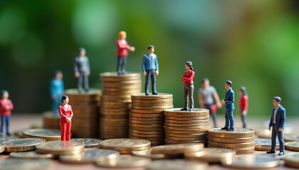 Miniature figures stand on stacks of coins social inequality. Different heights of coin stacks represent different financial situations. Unequal access to wealth, income shown. Concept of social