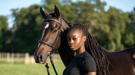 Fototapeta premium Graceful horse stands serenely in a sunlit field alongside a young rider during a beautiful afternoon