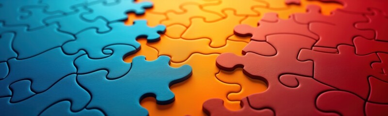 Colorful puzzle pieces create vibrant gradient of blue orange, red. Abstract design unity, creativity. Pieces fit together perfectly representing solutions. Dynamic pattern shows visual harmony.