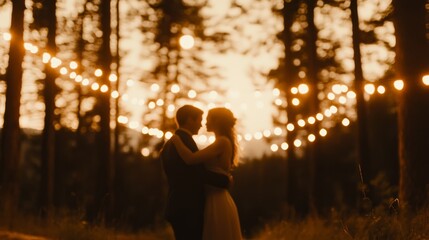 Fototapeta premium A couple dancing together in the forest, bare feet, with fairy lights and a warm glow.