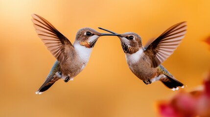 Hummingbirds near a red flower in a garden.