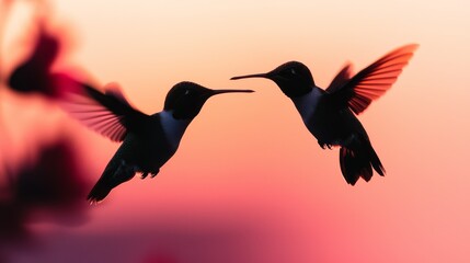 Fototapeta premium Hummingbirds hovering near a red flower in warm light.