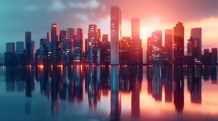 Fototapeta premium Modern City Skyline Reflection at Sunset