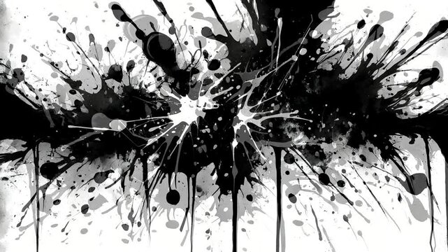 Abstract black and white ink splatter design with dynamic movement and texture.