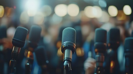 Press Conference Microphones Close up of Multiple Microphones at a Press Briefing with Blurred