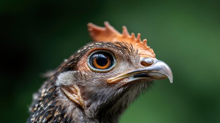 Fototapeta premium Close-up view of a hen's face showcasing stunning feathers and striking orange comb in a lush garden setting